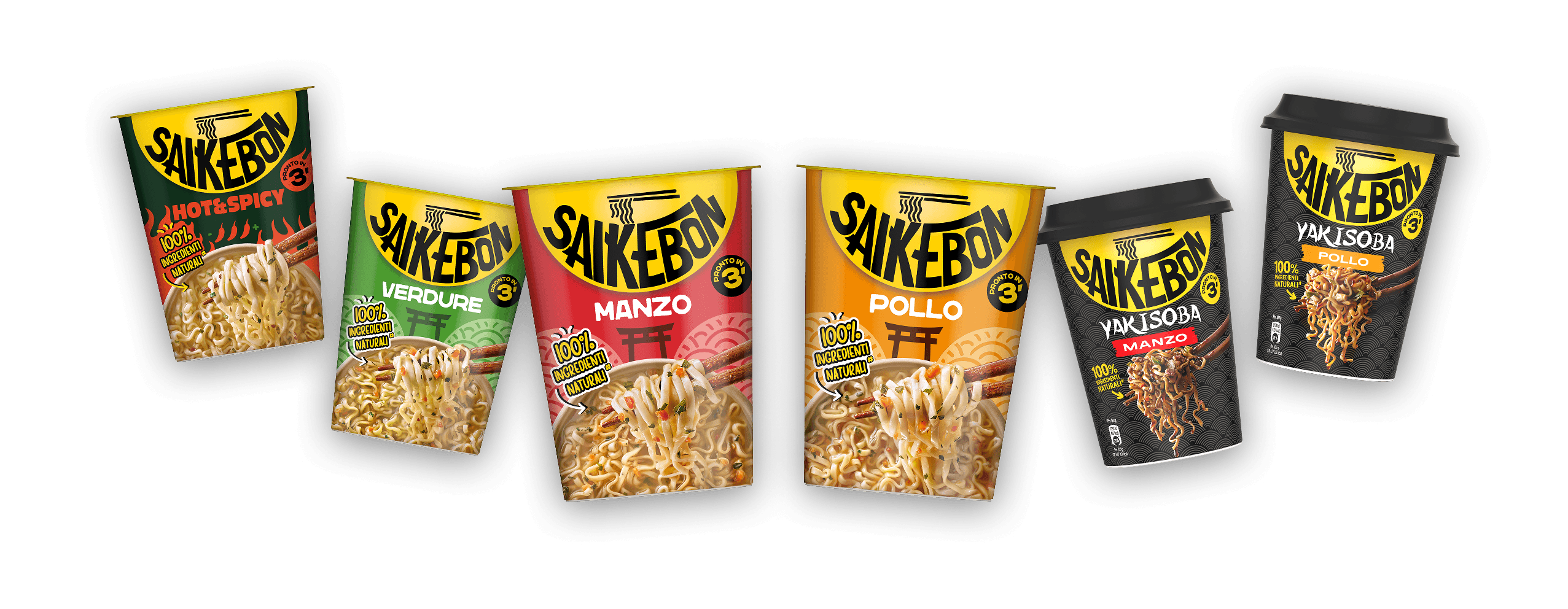 La gamma Saikebon: Hot & Spicy, Verdure, Manzo, Pollo, Yakisoba Manzo, Yakisoba Pollo